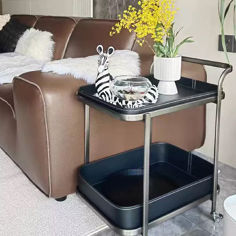 Contemporary Luxury Movable Rectangular Top Saddle Leather Stainless Steel End Table 2-Tier For Living Room