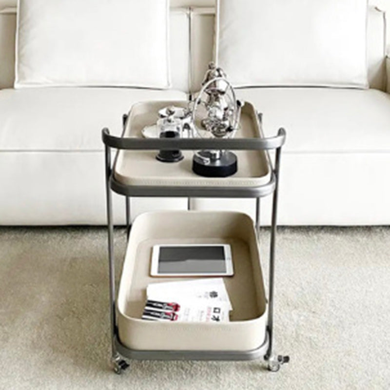 Contemporary Luxury Movable Rectangular Top Saddle Leather Stainless Steel End Table 2-Tier For Living Room