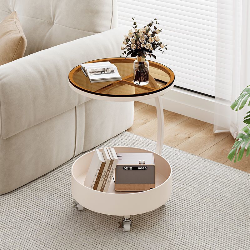 Contemporary Luxury Movable Round Top Tempered Glass Iron End Table 2-Tier For Living Room