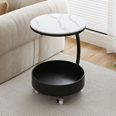 Contemporary Luxury Movable Round Top Tempered Glass Iron End Table 2-Tier For Living Room