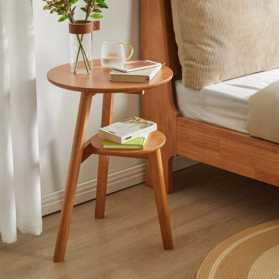 Modern Minimalist Round Tabletop Solid Wood End Table 2-Tier For Living Room