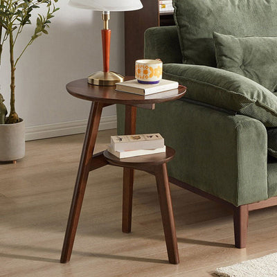 Modern Minimalist Round Tabletop Solid Wood End Table 2-Tier For Living Room