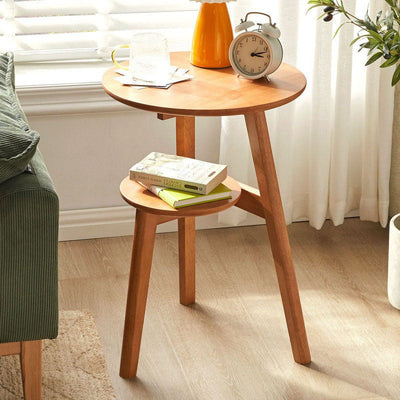 Modern Minimalist Round Tabletop Solid Wood End Table 2-Tier For Living Room