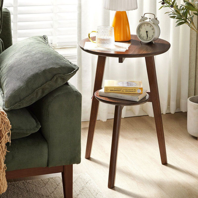 Modern Minimalist Round Tabletop Solid Wood End Table 2-Tier For Living Room