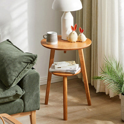 Modern Minimalist Round Tabletop Solid Wood End Table 2-Tier For Living Room