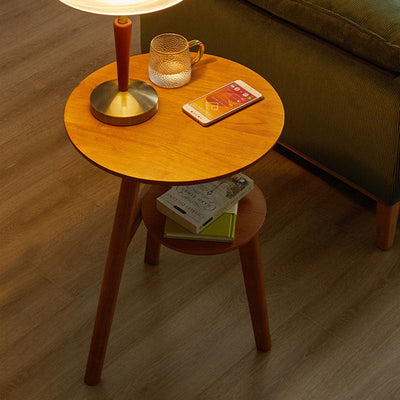 Modern Minimalist Round Tabletop Solid Wood End Table 2-Tier For Living Room