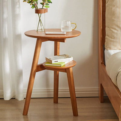 Modern Minimalist Round Tabletop Solid Wood End Table 2-Tier For Living Room