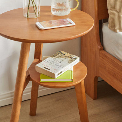 Modern Minimalist Round Tabletop Solid Wood End Table 2-Tier For Living Room