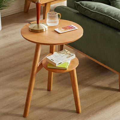 Modern Minimalist Round Tabletop Solid Wood End Table 2-Tier For Living Room