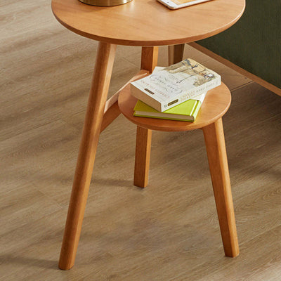 Modern Minimalist Round Tabletop Solid Wood End Table 2-Tier For Living Room