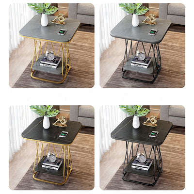 Contemporary Nordic Square Geometric Rock Slab Iron End Table 1/2-Tier For Living Room