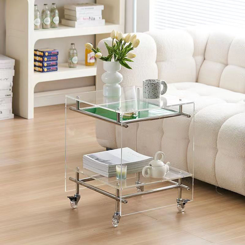 Contemporary Luxury Movable Square Acrylic Stainless Steel End Table 2-Tier For Living Room