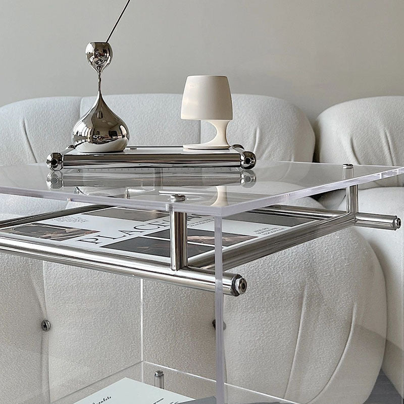 Contemporary Luxury Movable Square Acrylic Stainless Steel End Table 2-Tier For Living Room