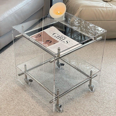 Contemporary Luxury Movable Square Acrylic Stainless Steel End Table 2-Tier For Living Room