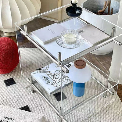 Contemporary Luxury Movable Square Acrylic Stainless Steel End Table 2-Tier For Living Room