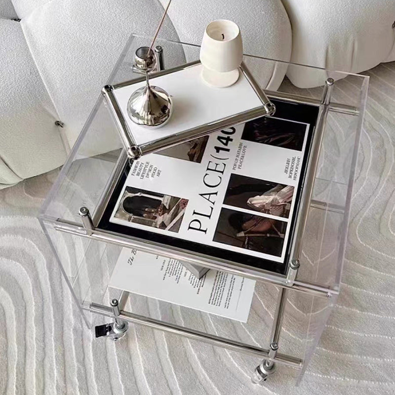 Contemporary Luxury Movable Square Acrylic Stainless Steel End Table 2-Tier For Living Room