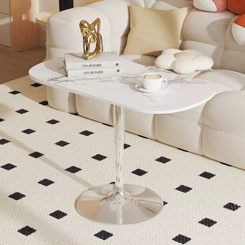 Modern Minimalist Square Rock Slab Tile Stainless Steel End Table Height Adjustable 1-Tier For Living Room