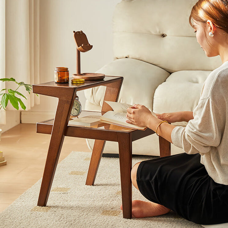 Contemporary Creative Rectangular Tempered Glass Top Wood Coffee Table 2-Tier For Living Room