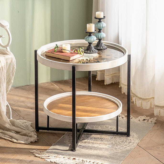 Contemporary Nordic Round Wood Iron Glass Coffee Table 2-Tier For Living Room