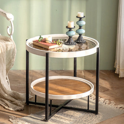 Contemporary Nordic Round Wood Iron Glass Coffee Table 2-Tier For Living Room