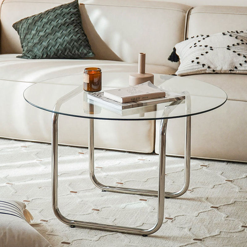 Contemporary Scandinavian Round Glass Stainless Steel Coffee Table 1-Tier For Living Room