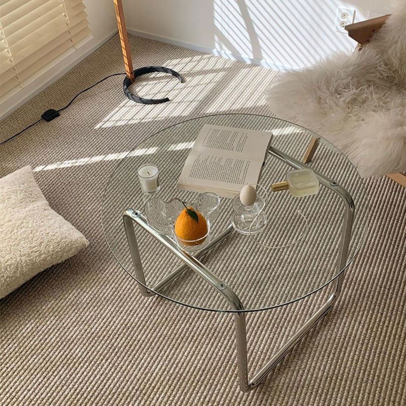 Contemporary Scandinavian Round Glass Stainless Steel Coffee Table 1-Tier For Living Room