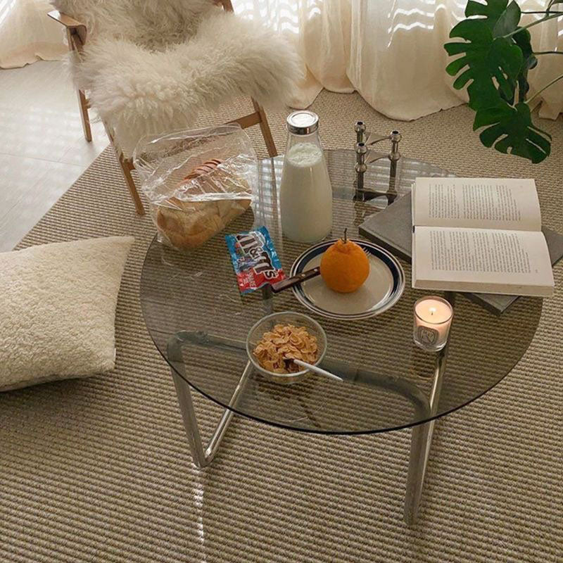 Contemporary Scandinavian Round Glass Stainless Steel Coffee Table 1-Tier For Living Room