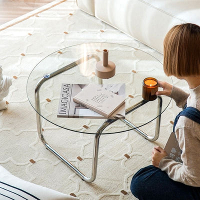 Contemporary Scandinavian Round Glass Stainless Steel Coffee Table 1-Tier For Living Room