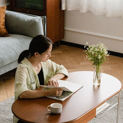 Traditional Japanese Oval Solid Wood Stainless Steel Coffee Table 1-Drawer For Living Room