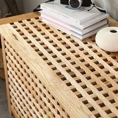 Contemporary Scandinavian Rectangular Lattice Solid Wood Side Table 2-Tier For Living Room