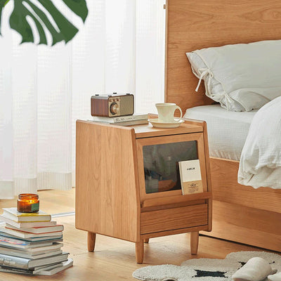 Traditional Japanese Rectangular Solid Wood Nightstand 2-Drawer For Bedroom