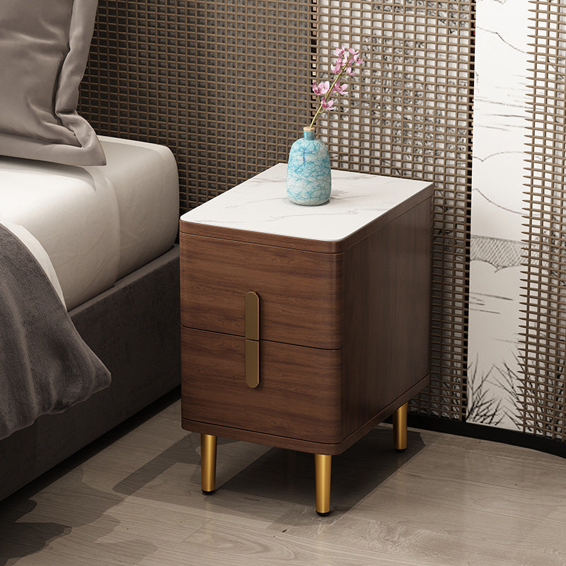 Modern Minimalist Rectangular Square Marble Solid Wood Nightstand 2-Drawer For Bedroom