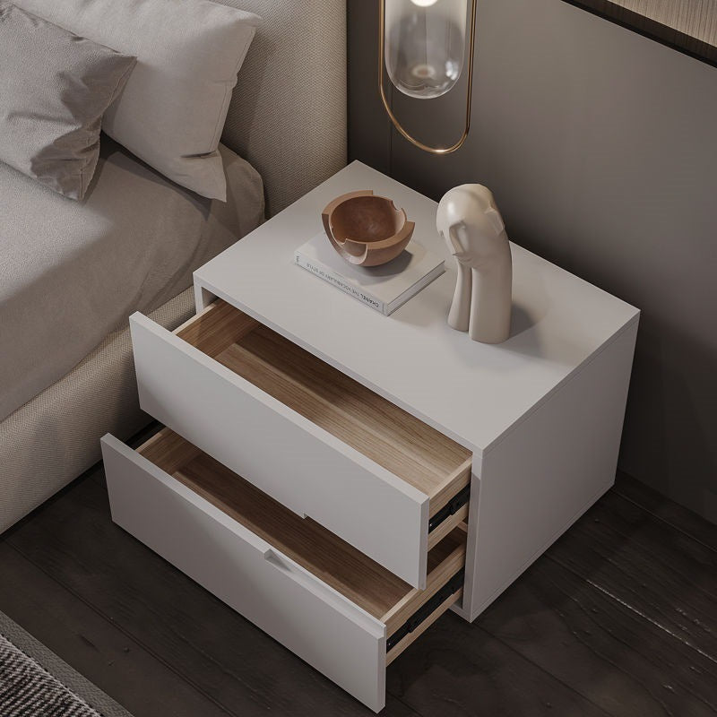 Modern Minimalist Square Rectangle Solid Wood Nightstand 2-Drawer For Bedroom