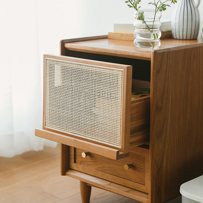 Contemporary Scandinavian Square Rectangular Rattan Solid Wood Nightstand 2-Drawer For Bedroom