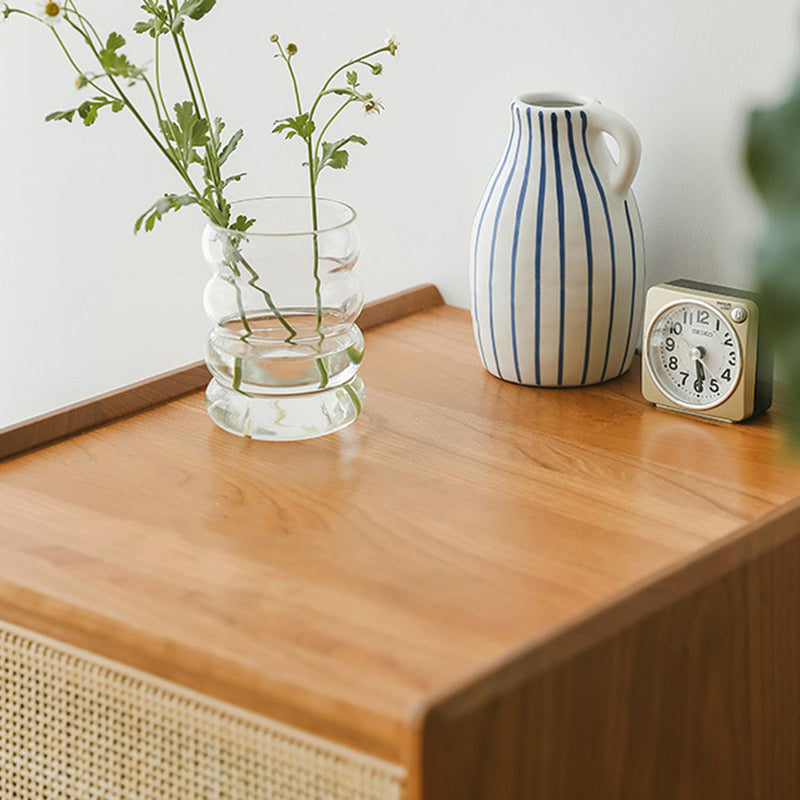 Contemporary Scandinavian Square Rectangular Rattan Solid Wood Nightstand 2-Drawer For Bedroom