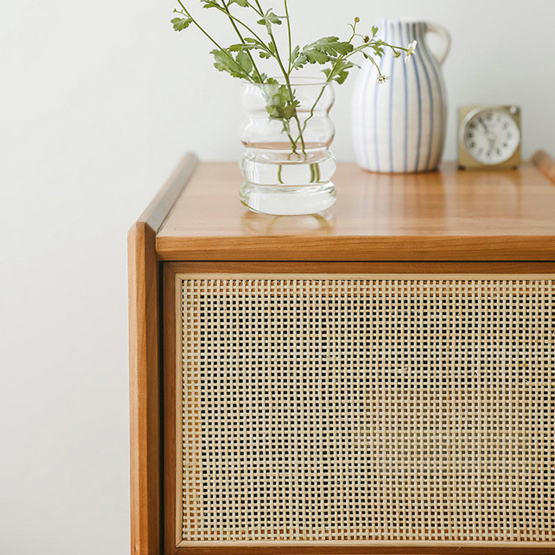 Contemporary Scandinavian Square Rectangular Rattan Solid Wood Nightstand 2-Drawer For Bedroom