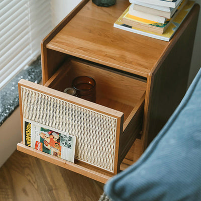 Contemporary Scandinavian Square Rectangular Rattan Solid Wood Nightstand 2-Drawer For Bedroom