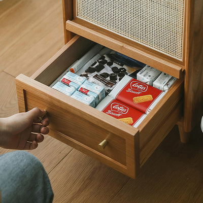 Contemporary Scandinavian Square Rectangular Rattan Solid Wood Nightstand 2-Drawer For Bedroom