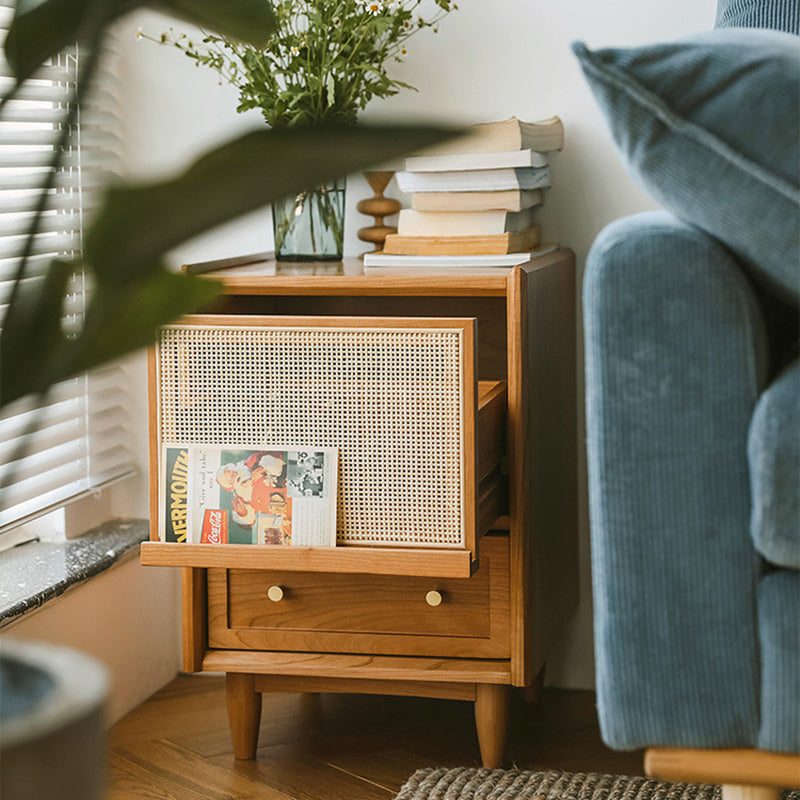 Contemporary Scandinavian Square Rectangular Rattan Solid Wood Nightstand 2-Drawer For Bedroom