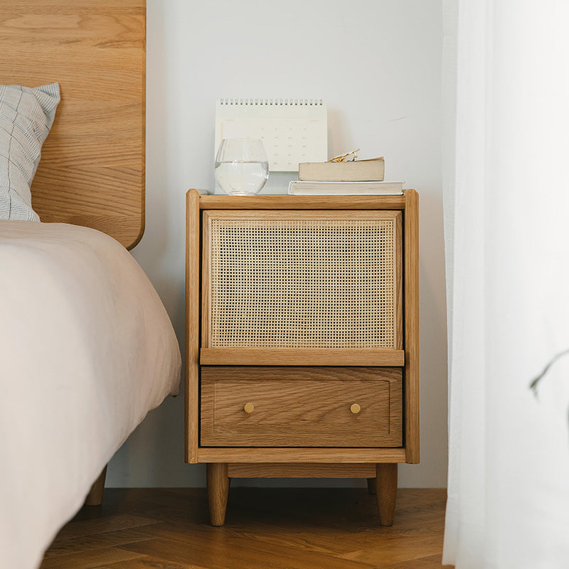 Contemporary Scandinavian Square Rectangular Rattan Solid Wood Nightstand 2-Drawer For Bedroom