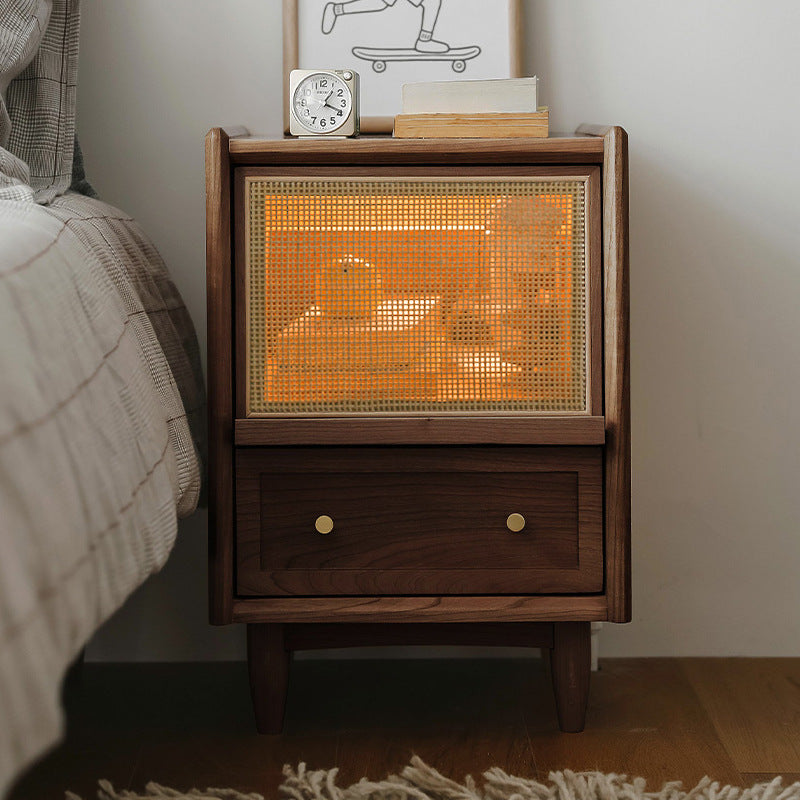 Contemporary Scandinavian Square Rectangular Rattan Solid Wood Nightstand 2-Drawer For Bedroom