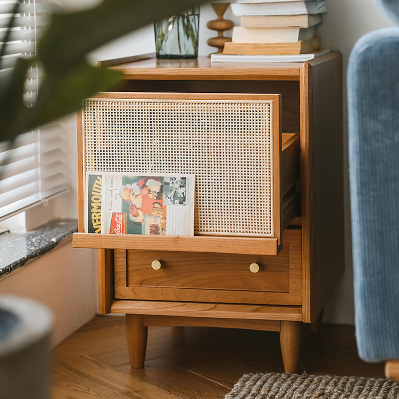 Contemporary Scandinavian Square Rectangular Rattan Solid Wood Nightstand 2-Drawer For Bedroom