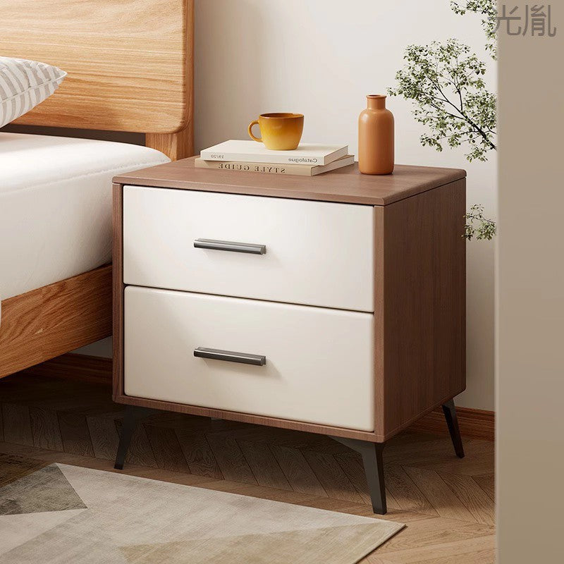 Modern Minimalist Square Rectangular Solid Wood Iron Nightstand 2-Drawer For Bedroom