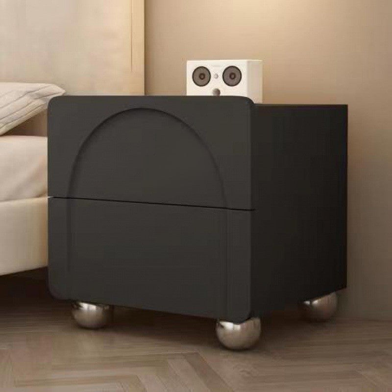 Modern Minimalist Square Half Round Leather Solid Wood Stainless Steel Nightstand 2-Drawer For Bedroom