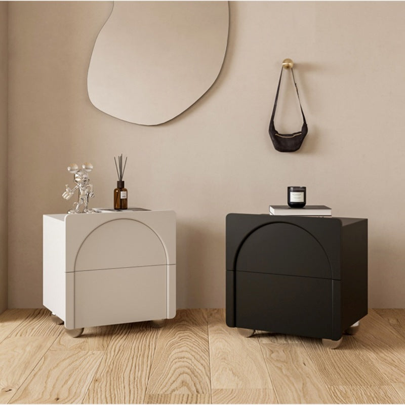 Modern Minimalist Square Half Round Leather Solid Wood Stainless Steel Nightstand 2-Drawer For Bedroom