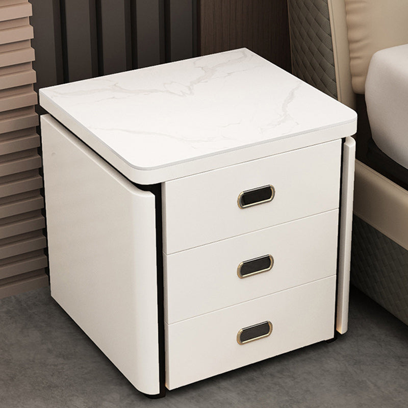 Modern Minimalist Square Rectangular Marble Glass Leather Solid Wood Nightstand 3-Drawer For Bedroom