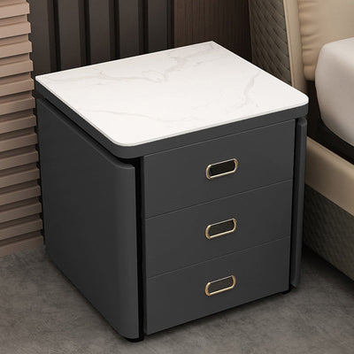 Modern Minimalist Square Rectangular Marble Glass Leather Solid Wood Nightstand 3-Drawer For Bedroom