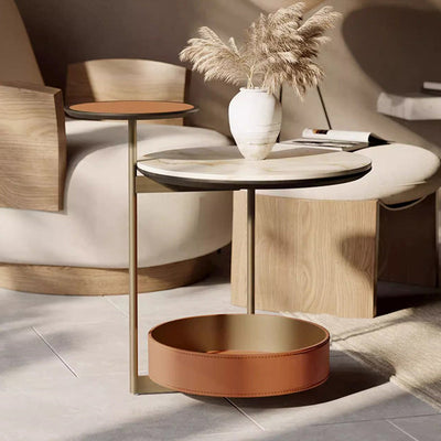 Contemporary Creative Round Cylinder Leather Marble Metal Side Table 2-Tier For Living Room