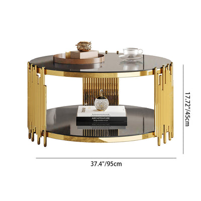 Contemporary Scandinavian Round Cylinder Note Glass Stainless Steel Coffee Table 2-Tier For Living Room