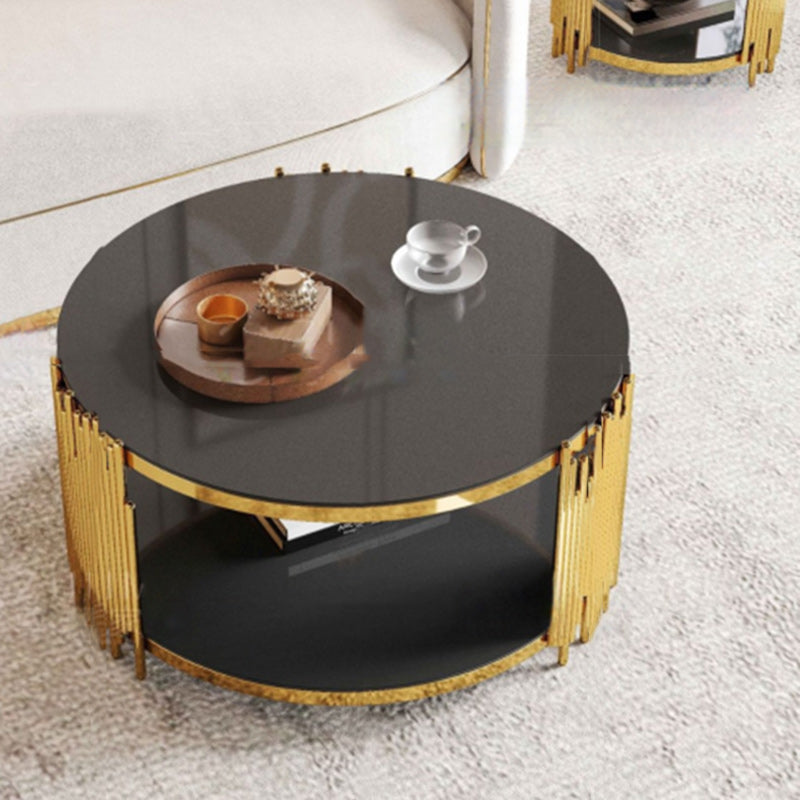 Contemporary Scandinavian Round Cylinder Note Glass Stainless Steel Coffee Table 2-Tier For Living Room